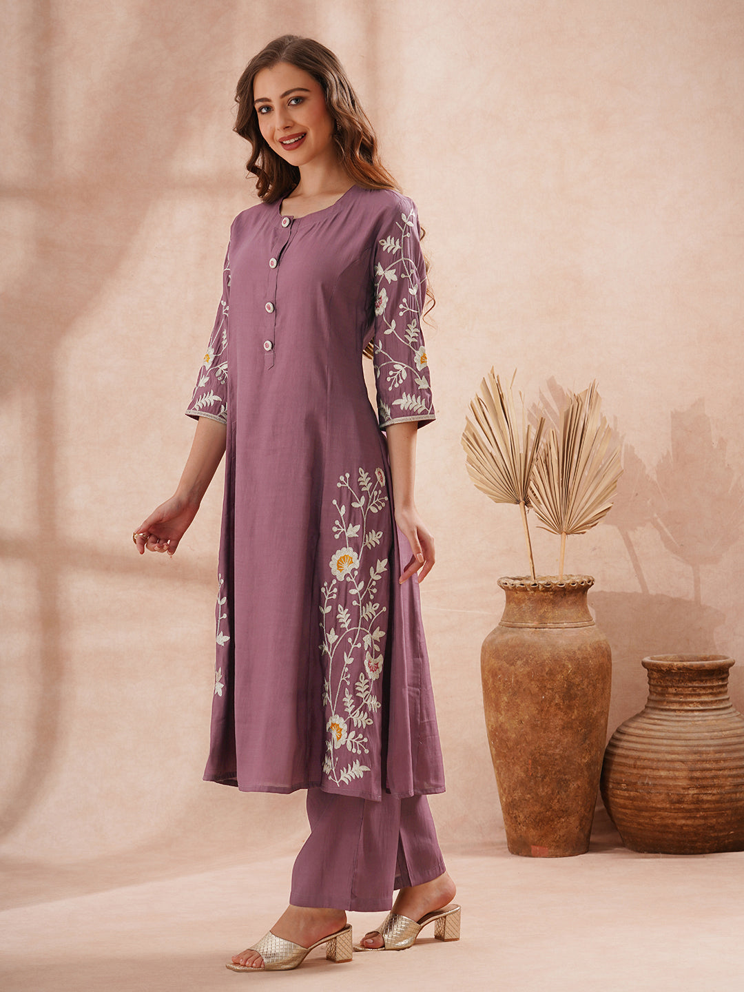 Solid Zari Floral Embroidered A-Line Co-ord Set - Purple