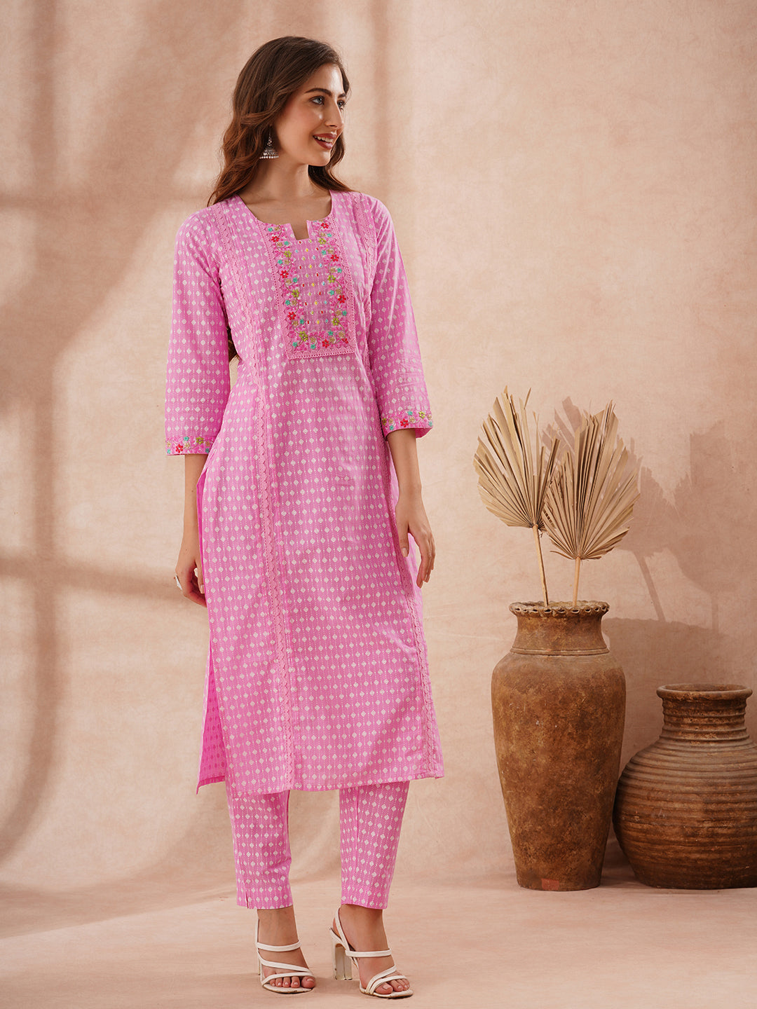 Ethnic Khari Printed Embroidered Straight Fit Kurta with Pant - Pink