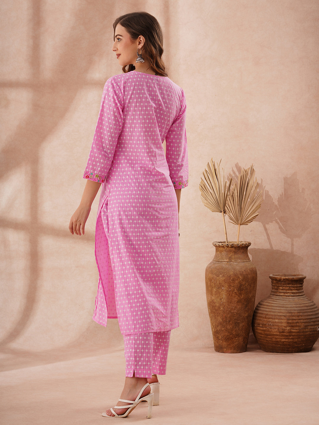 Ethnic Khari Printed Embroidered Straight Fit Kurta with Pant - Pink