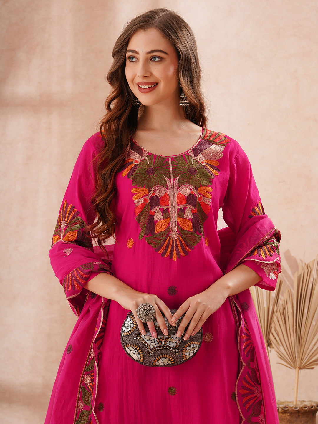 Solid Floral Threadwork Embroidered Straight Kurta with Pant and Dupatta - Rani