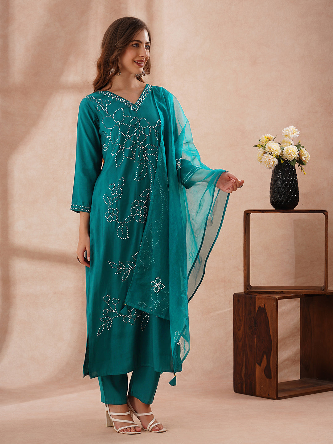 Solid French Knot Embroidered Straight Fit Kurta with Pant and Dupatta - Turquoise Blue