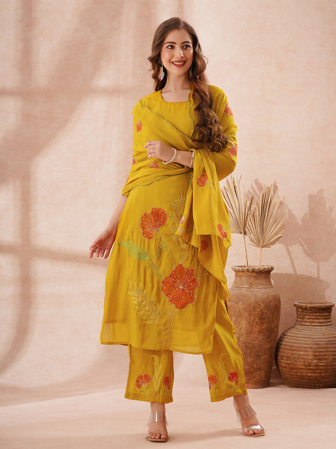 Solid Floral Threadwork Embroidered Straight Fit Kurta with Palazzo and Dupatta - Mustard