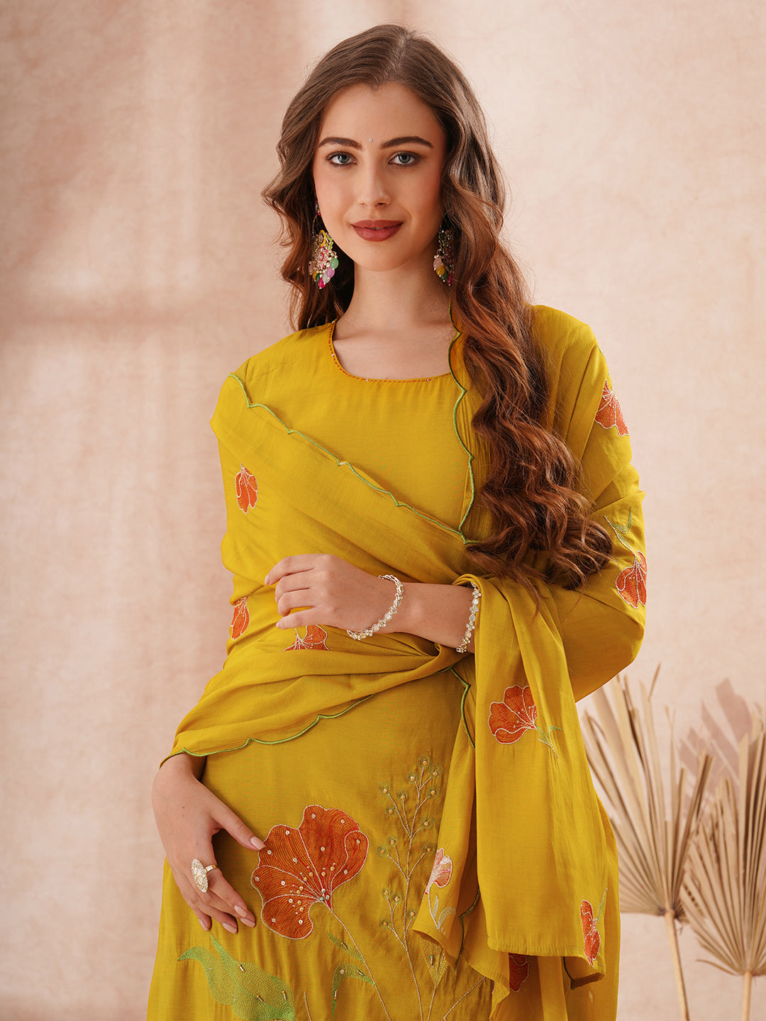 Solid Floral Threadwork Embroidered Straight Fit Kurta with Palazzo and Dupatta - Mustard