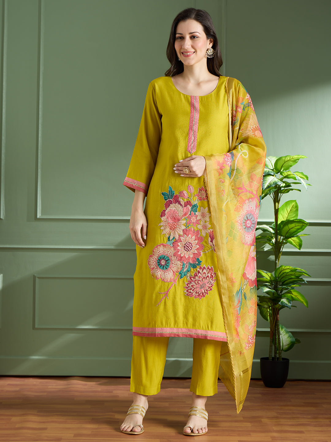 Solid Floral Printed Straight Fit Kurta with Pant and Printed Dupatta - Mustard