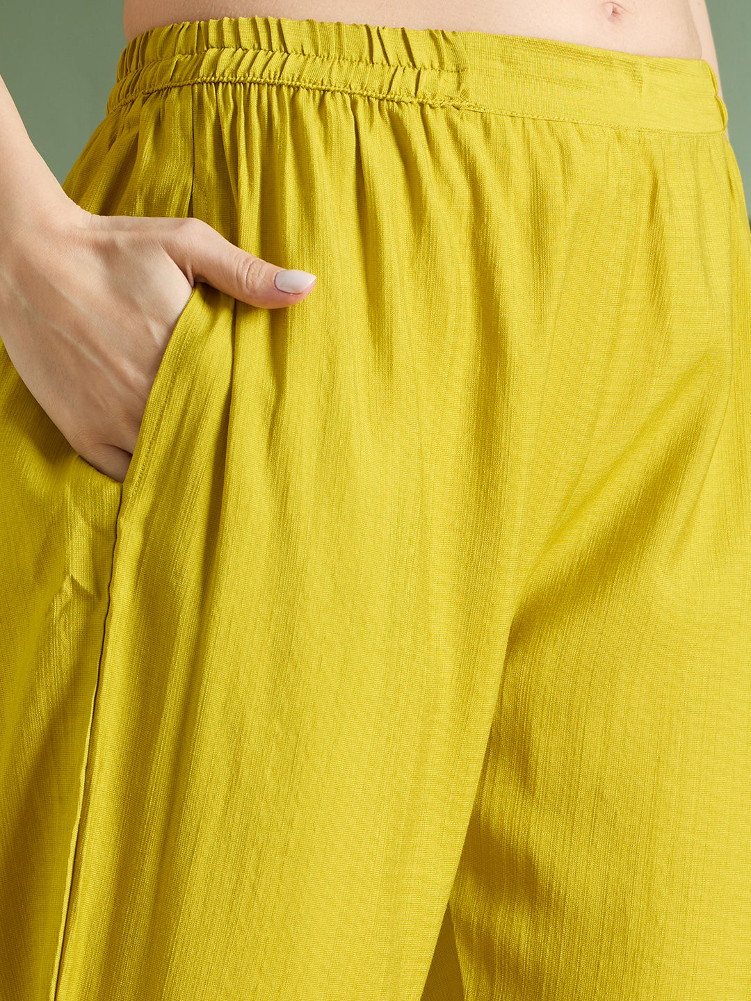 Solid Floral Printed Straight Fit Kurta with Pant and Printed Dupatta - Mustard