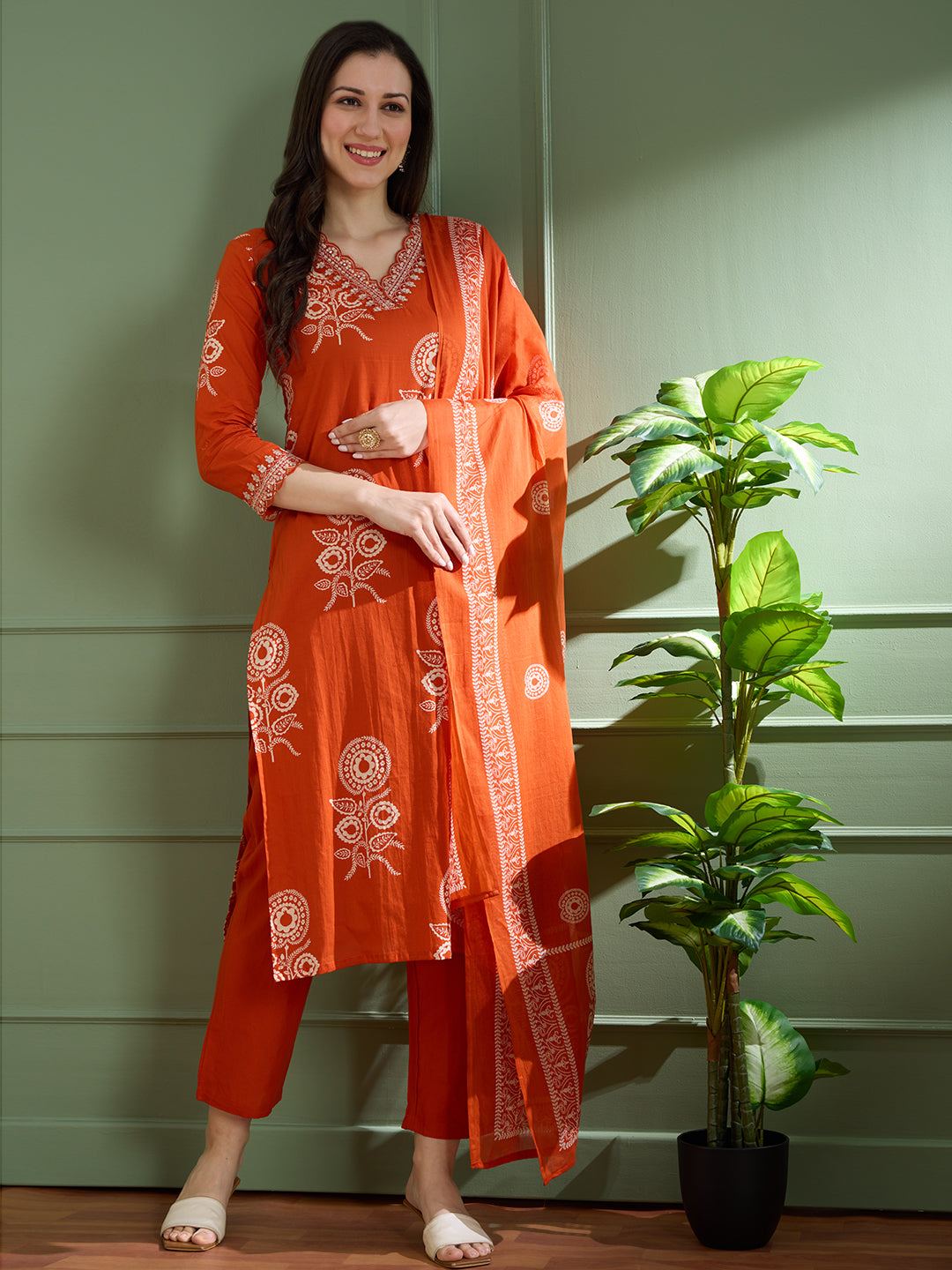 Ethnic Floral Printed Embroidered Straight Fit Kurta with Pant and Dupatta - Orange