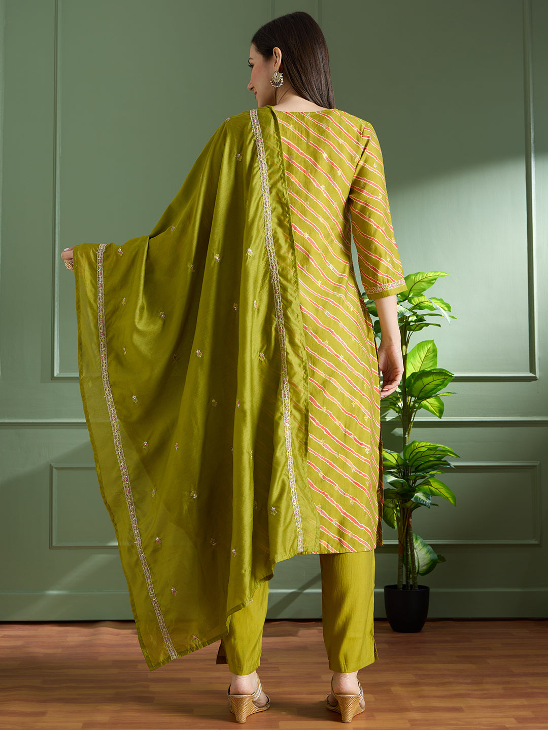 Leheriya Printed & Embroidered Straight Kurta with Pant & Dupatta - Green