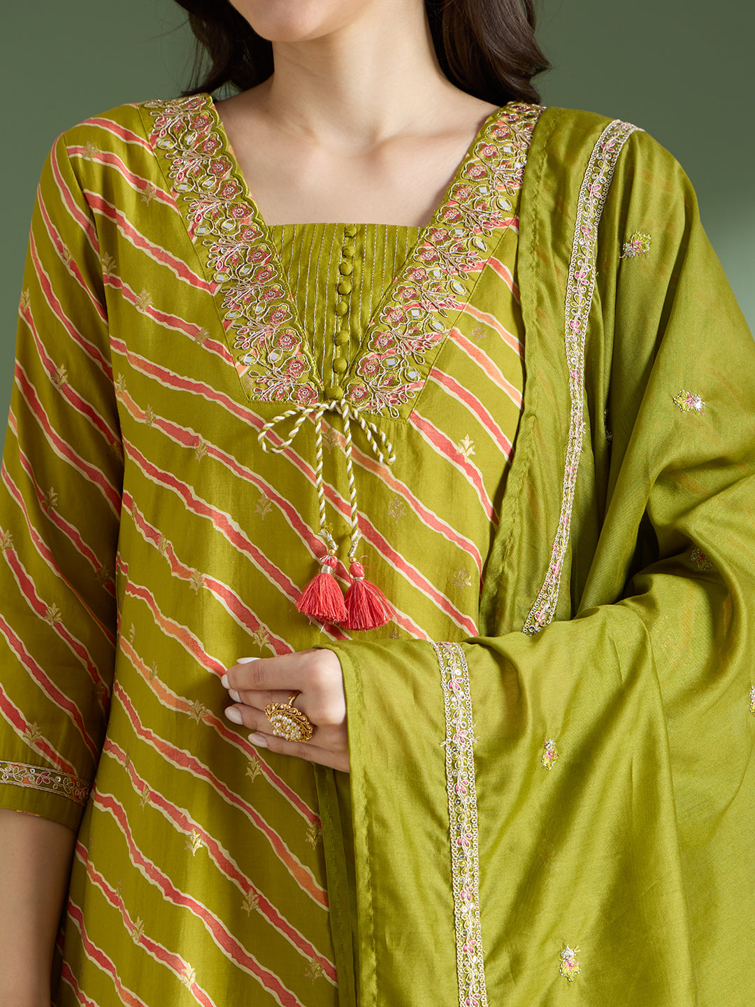 Leheriya Printed & Embroidered Straight Kurta with Pant & Dupatta - Green