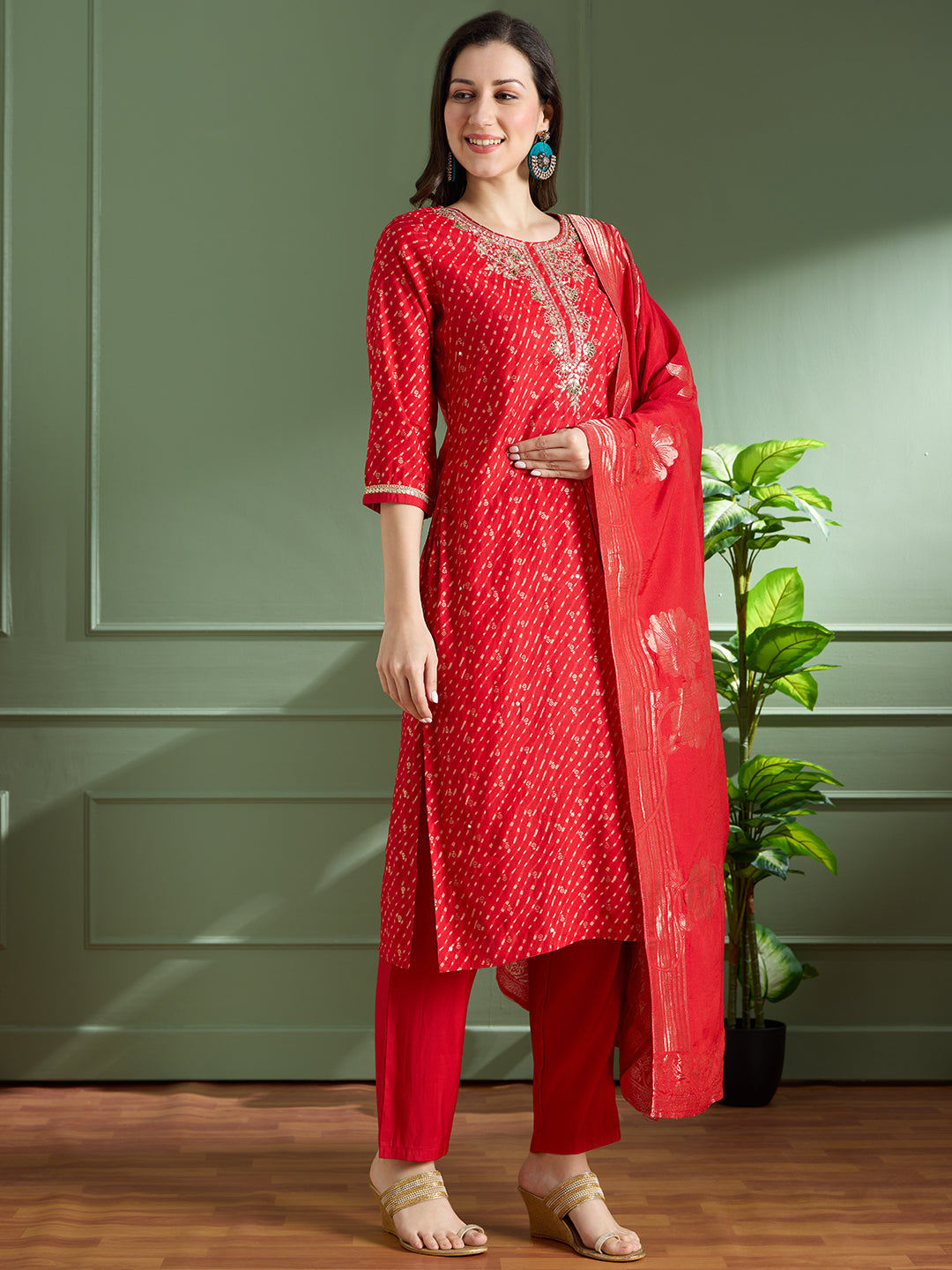 Festive Leheriya Printed Embroidered & Kurta with Pant and Dupatta - Red