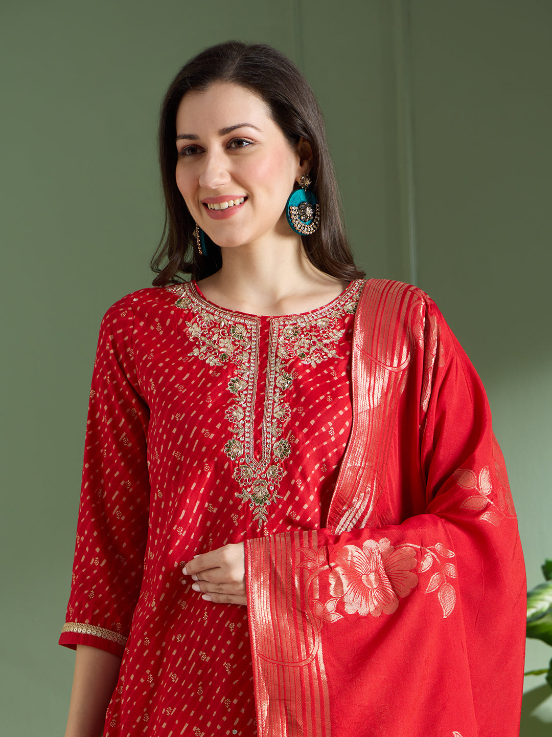 Festive Leheriya Printed Embroidered & Kurta with Pant and Dupatta - Red