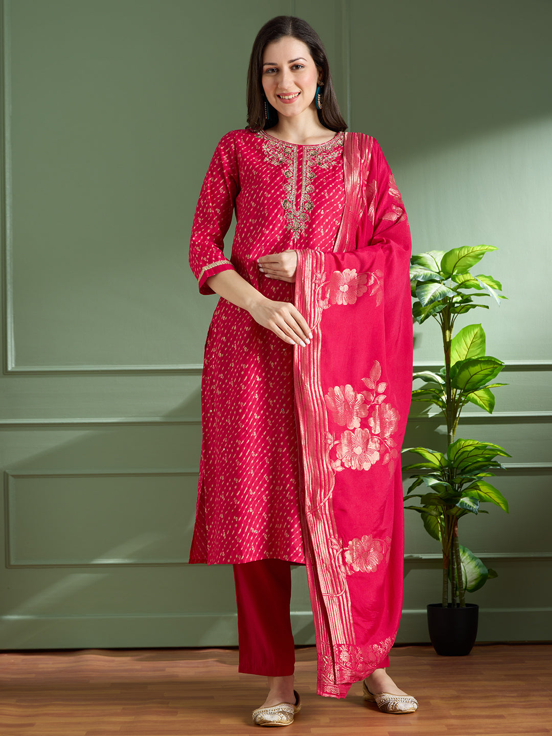 Festive Leheriya Printed Embroidered & Kurta with Pant and Dupatta - Rani