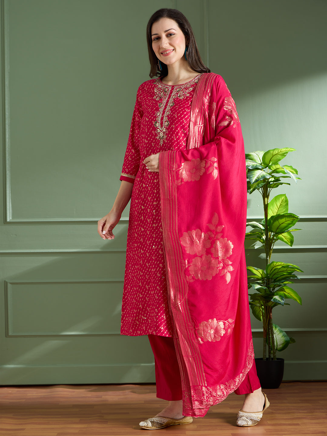 Festive Leheriya Printed Embroidered & Kurta with Pant and Dupatta - Rani