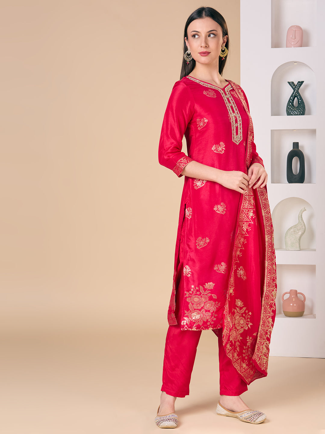 Floral Woven & Hand Embroidered Straight Kurta with Pant & Dupatta - Rani