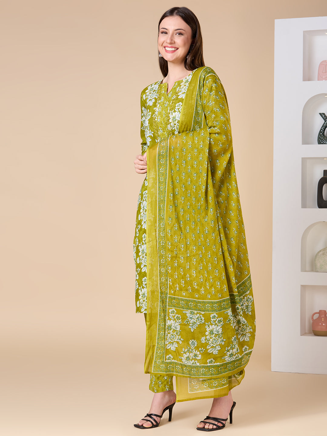Floral Printed & Embroidered Straight Kurta with Pant & Dupatta - Lime Green