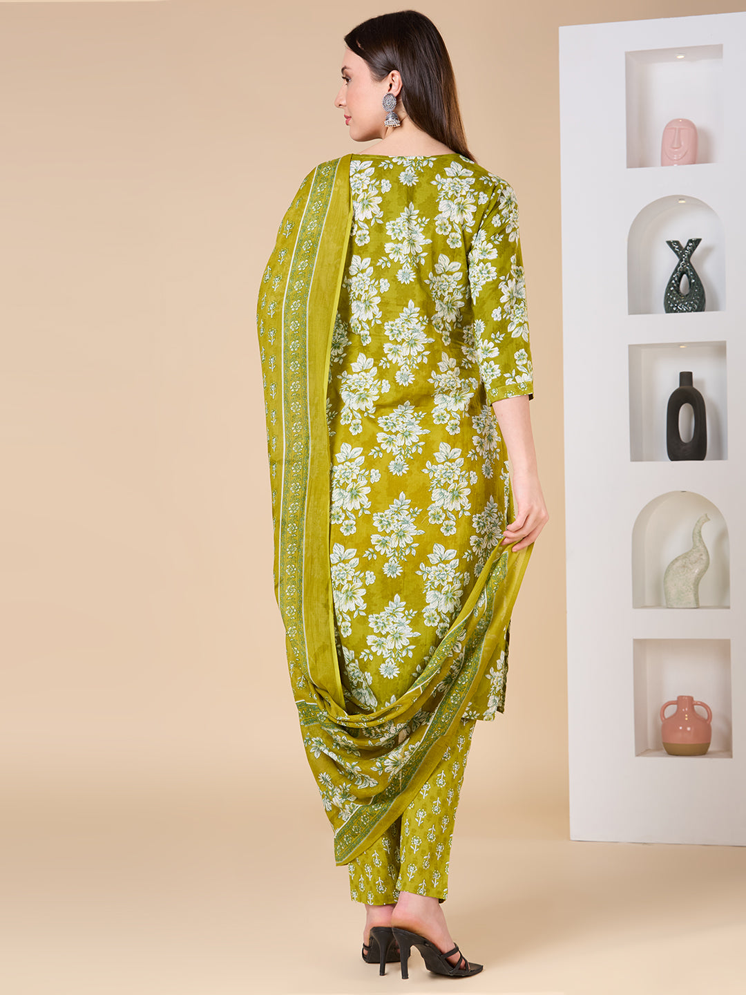 Floral Printed & Embroidered Straight Kurta with Pant & Dupatta - Lime Green