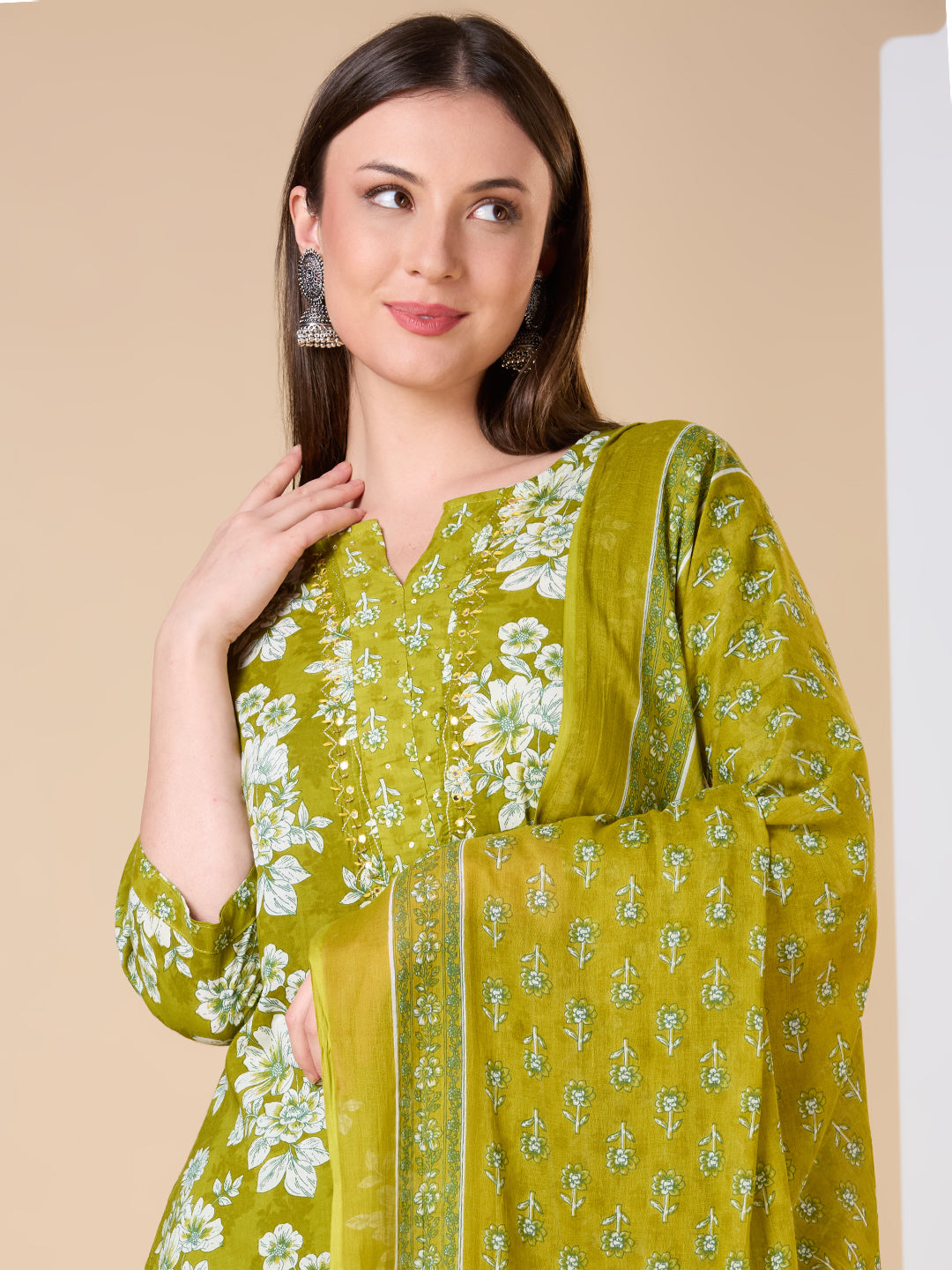Floral Printed & Embroidered Straight Kurta with Pant & Dupatta - Lime Green