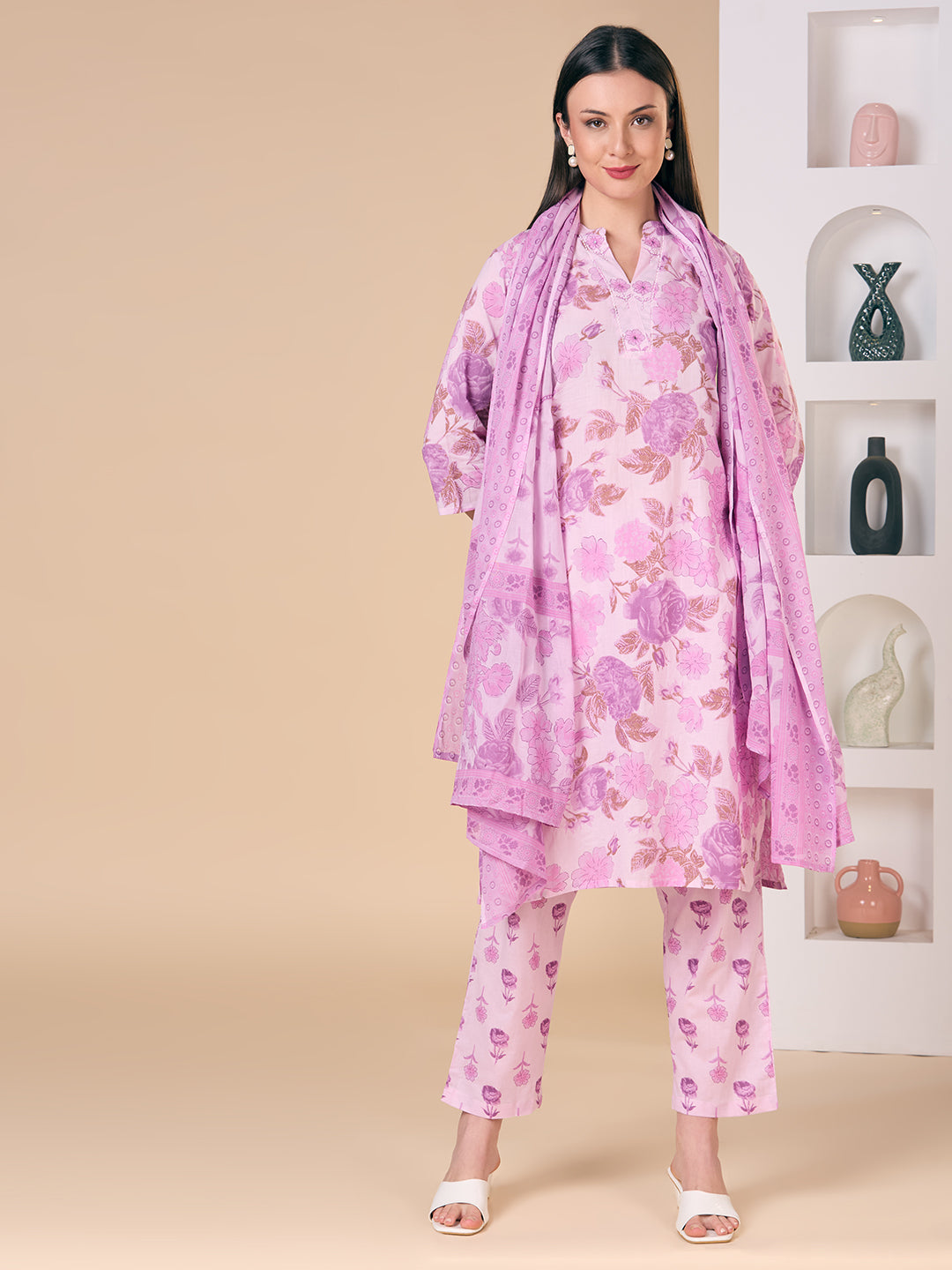 Ethnic Floral Printed Embroidered Straight Fit Kurta with Pant and Dupatta - Purple