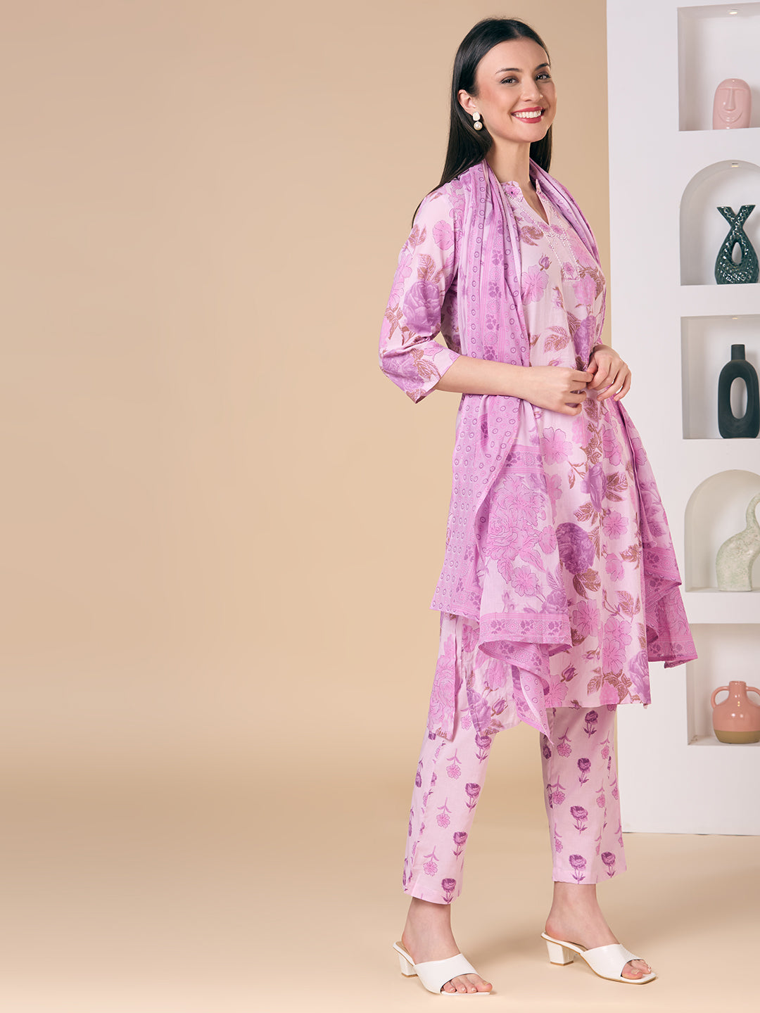 Ethnic Floral Printed Embroidered Straight Fit Kurta with Pant and Dupatta - Purple