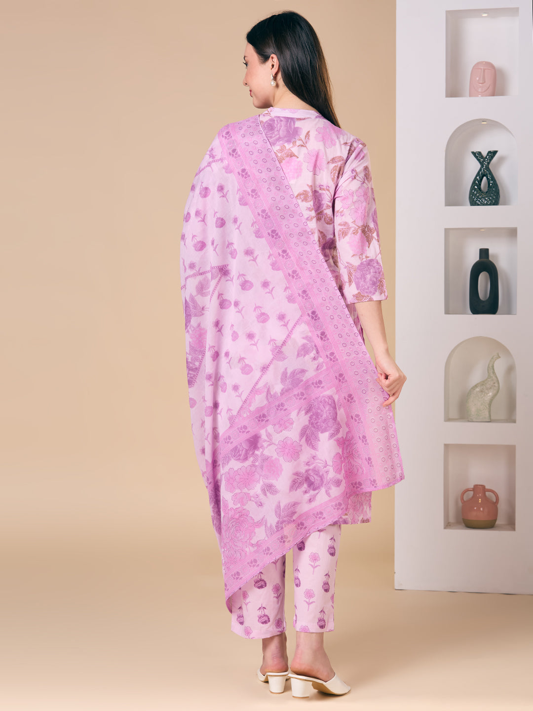 Ethnic Floral Printed Embroidered Straight Fit Kurta with Pant and Dupatta - Purple