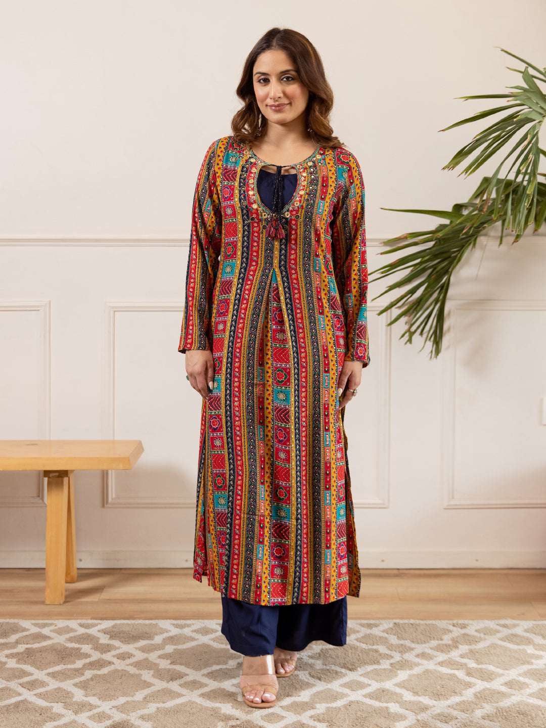 Ethnic Printed & Embroidered A-Line Kurta with Palazzo - Multi