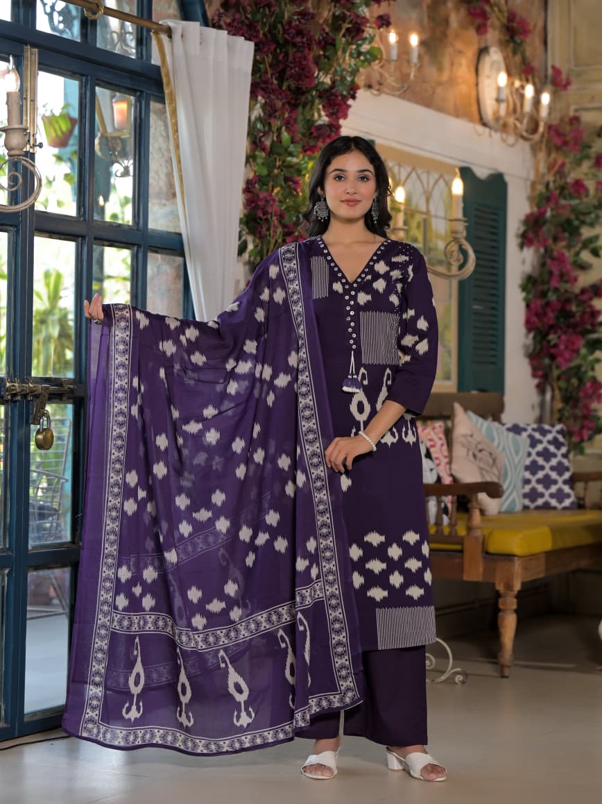 Abstract Ikat Printed Straight Fit Kurta with Palazzo and Dupatta - Deep Purple
