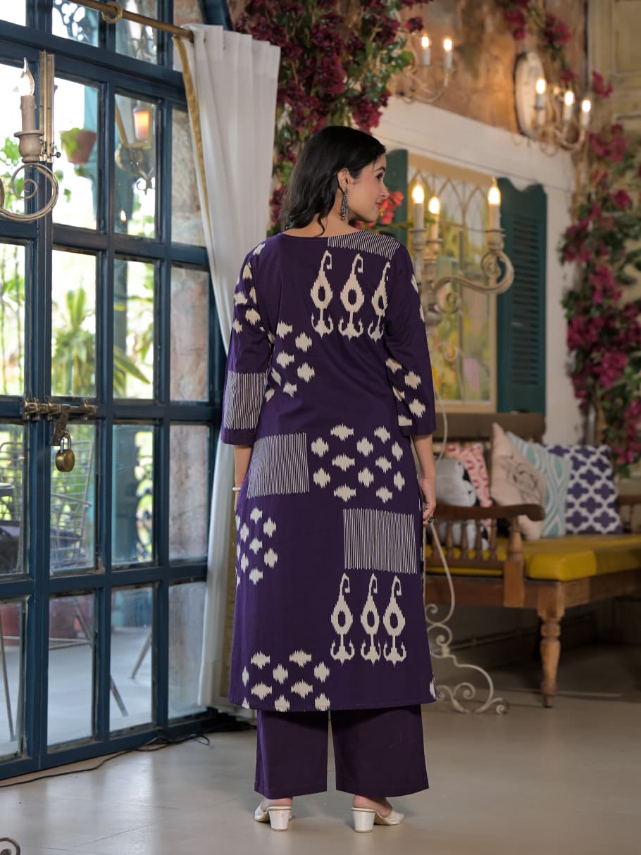 Abstract Ikat Printed Straight Fit Kurta with Palazzo and Dupatta - Deep Purple