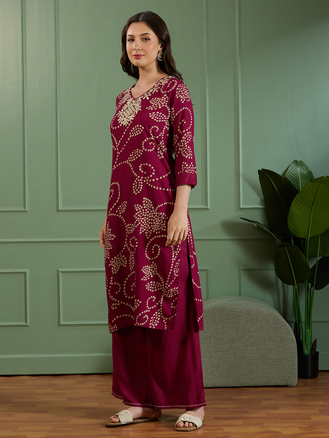 Bandhani Printed Mirror Embroidered A-Line Kurta with Palazzo - Burgundy