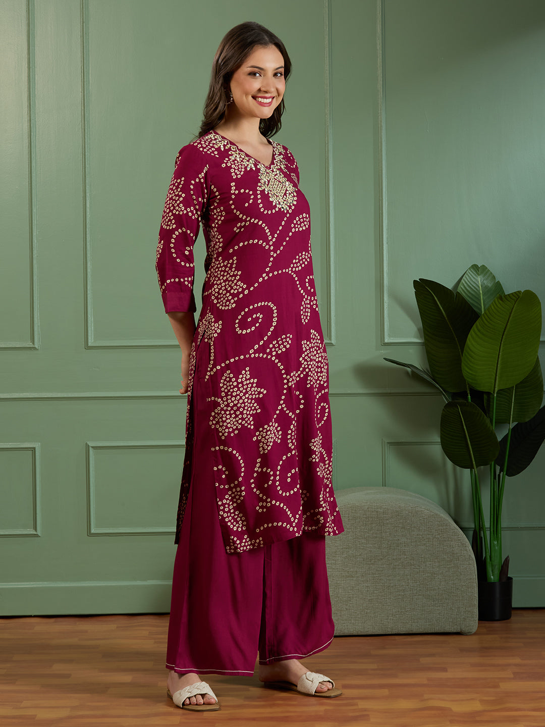 Bandhani Printed Mirror Embroidered A-Line Kurta with Palazzo - Burgundy