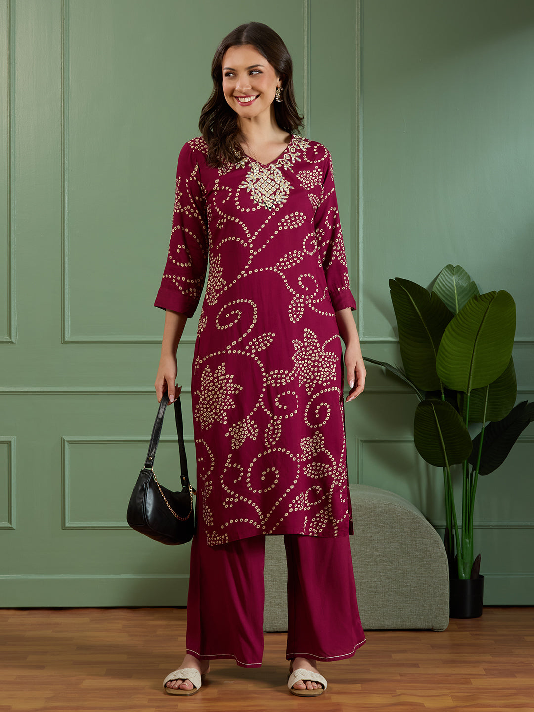 Bandhani Printed Mirror Embroidered A-Line Kurta with Palazzo - Burgundy