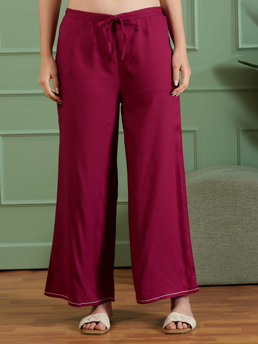 Bandhani Printed Mirror Embroidered A-Line Kurta with Palazzo - Burgundy