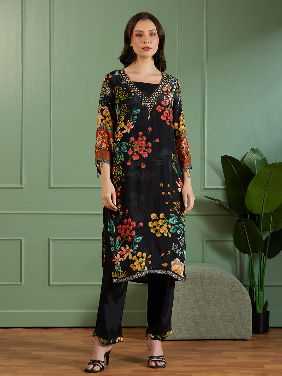 Abstract Floral Printed Embroidered Straight Fit Kurta with Palazzo - Black