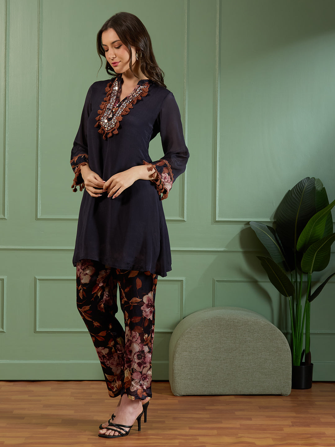 Solid Ethnic Embroidered A-Line Kurta with Printed Pant - Navy Blue