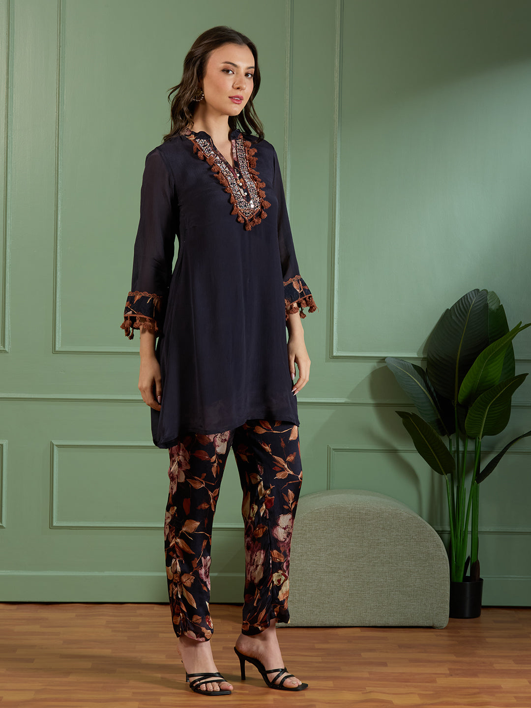 Solid Ethnic Embroidered A-Line Kurta with Printed Pant - Navy Blue