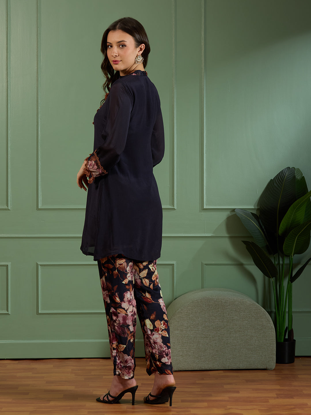 Solid Ethnic Embroidered A-Line Kurta with Printed Pant - Navy Blue