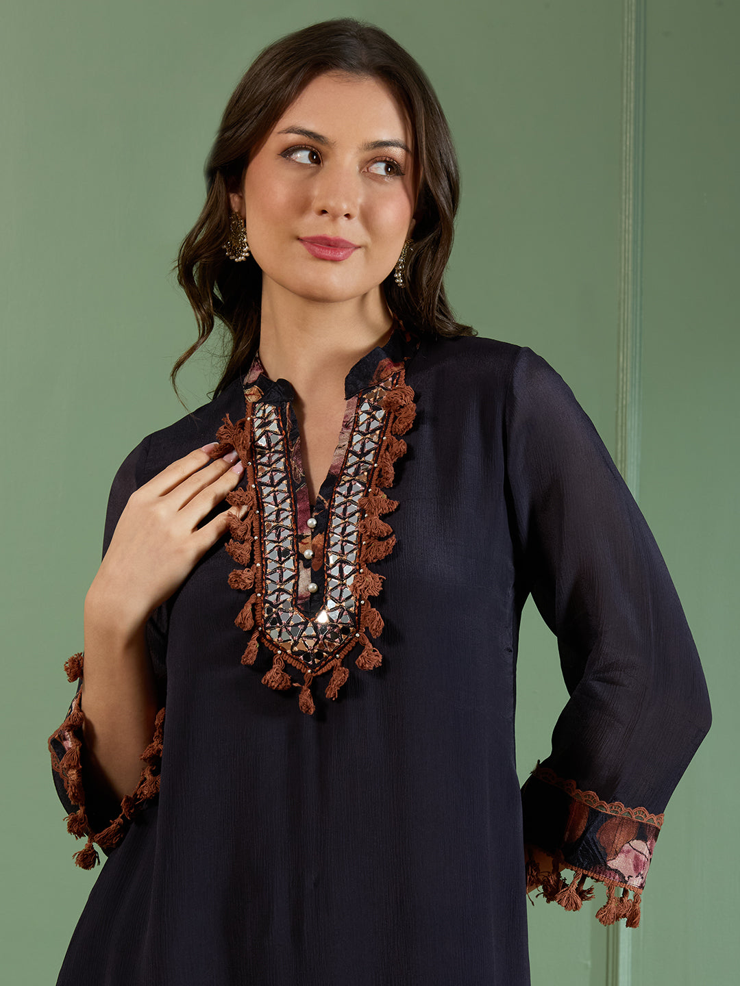 Solid Ethnic Embroidered A-Line Kurta with Printed Pant - Navy Blue