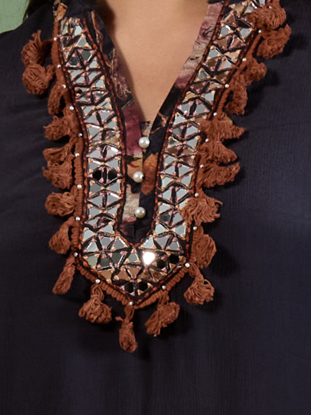 Solid Ethnic Embroidered A-Line Kurta with Printed Pant - Navy Blue