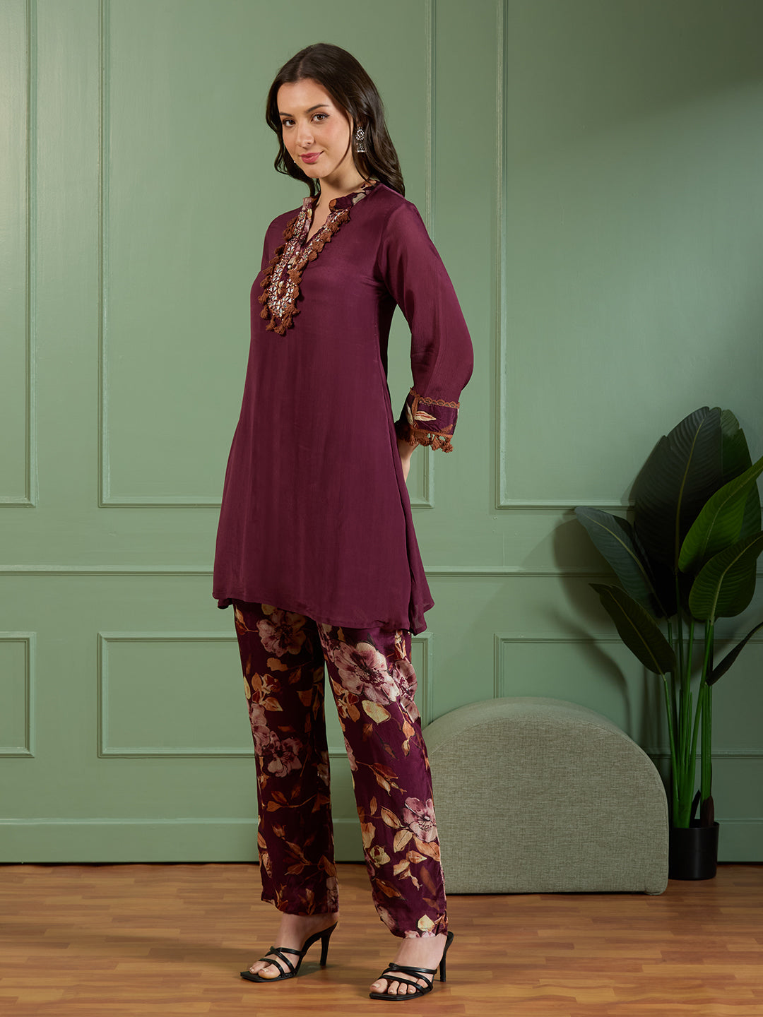 Solid Mirror Embroidered A-Line Kurta with Printed Pant - Burgundy