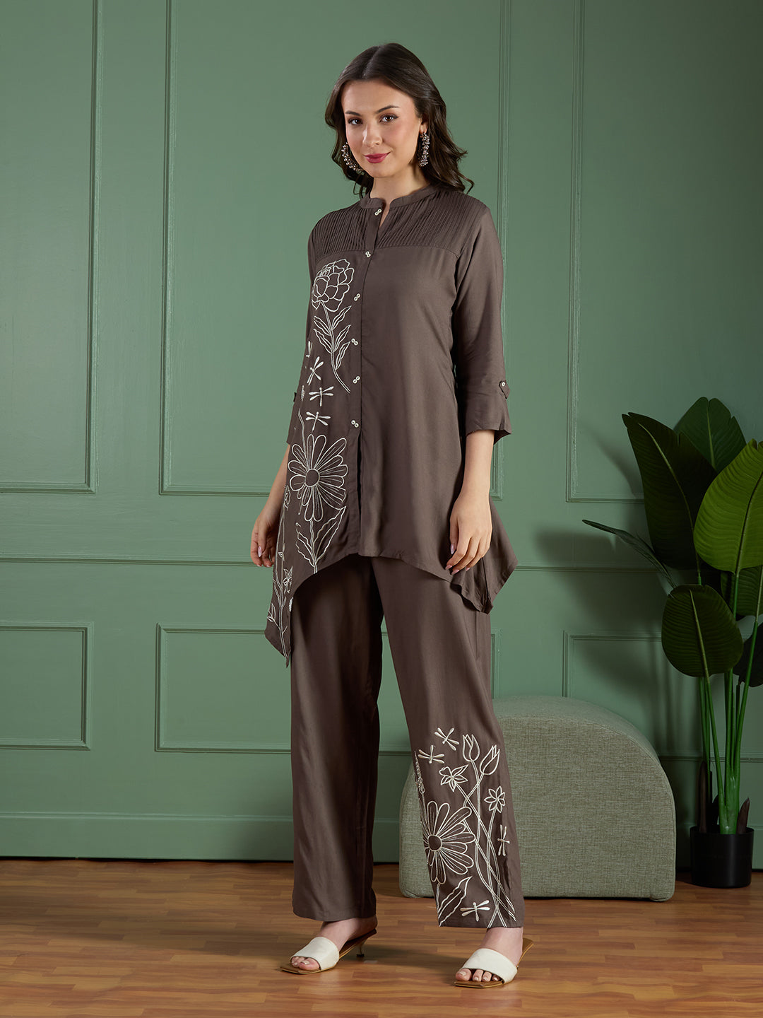 Floral Threadwork Embroidered A-Line Co-ord Set - Grey