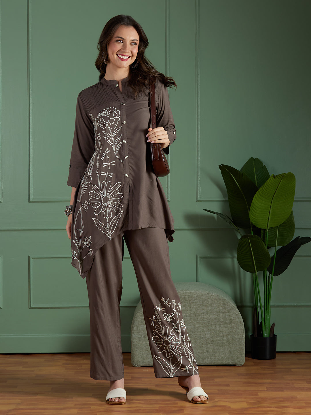 Floral Threadwork Embroidered A-Line Co-ord Set - Grey