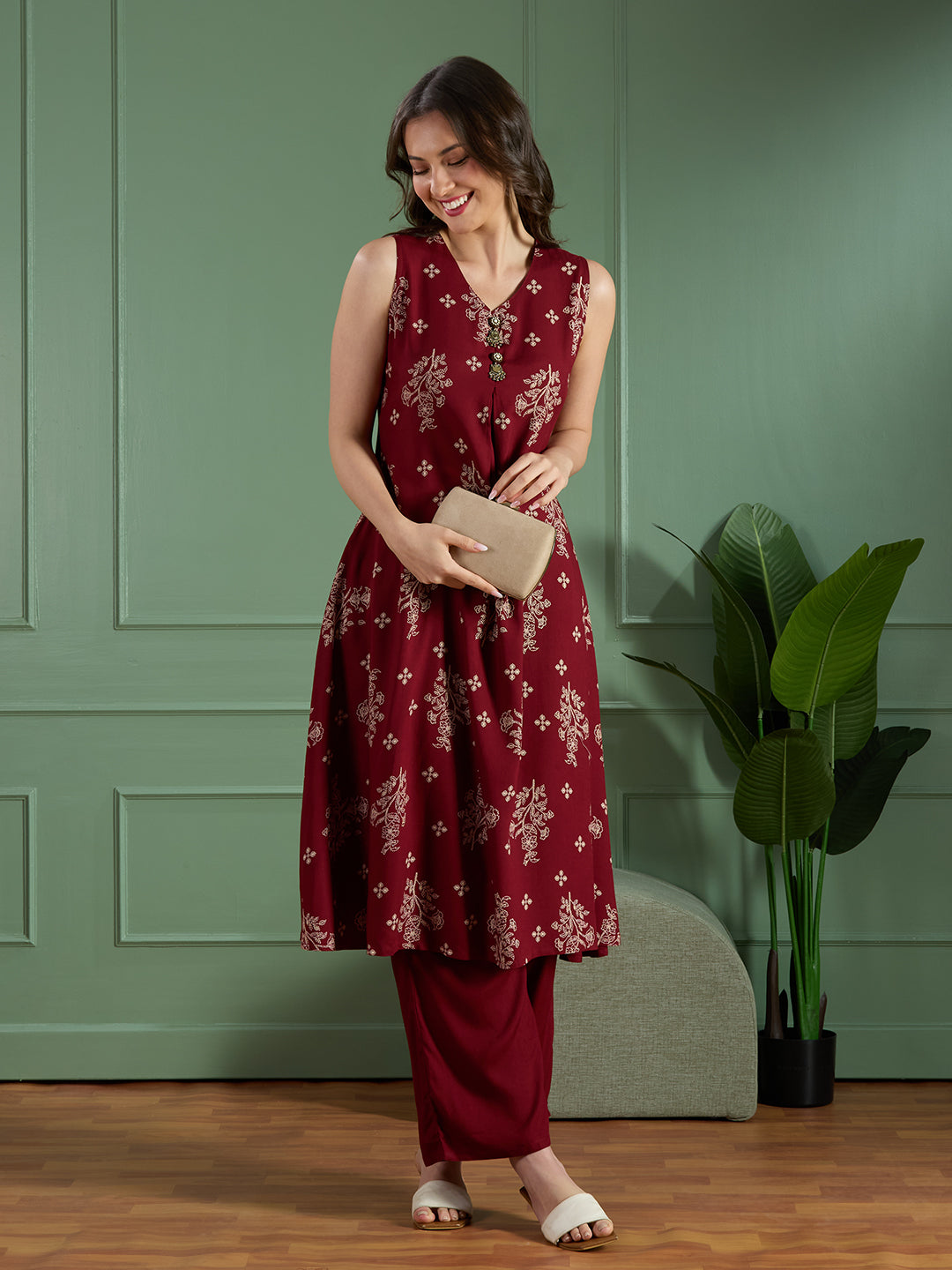 Floral Printed A-Line Flared Kurta with Palazzo - Maroon