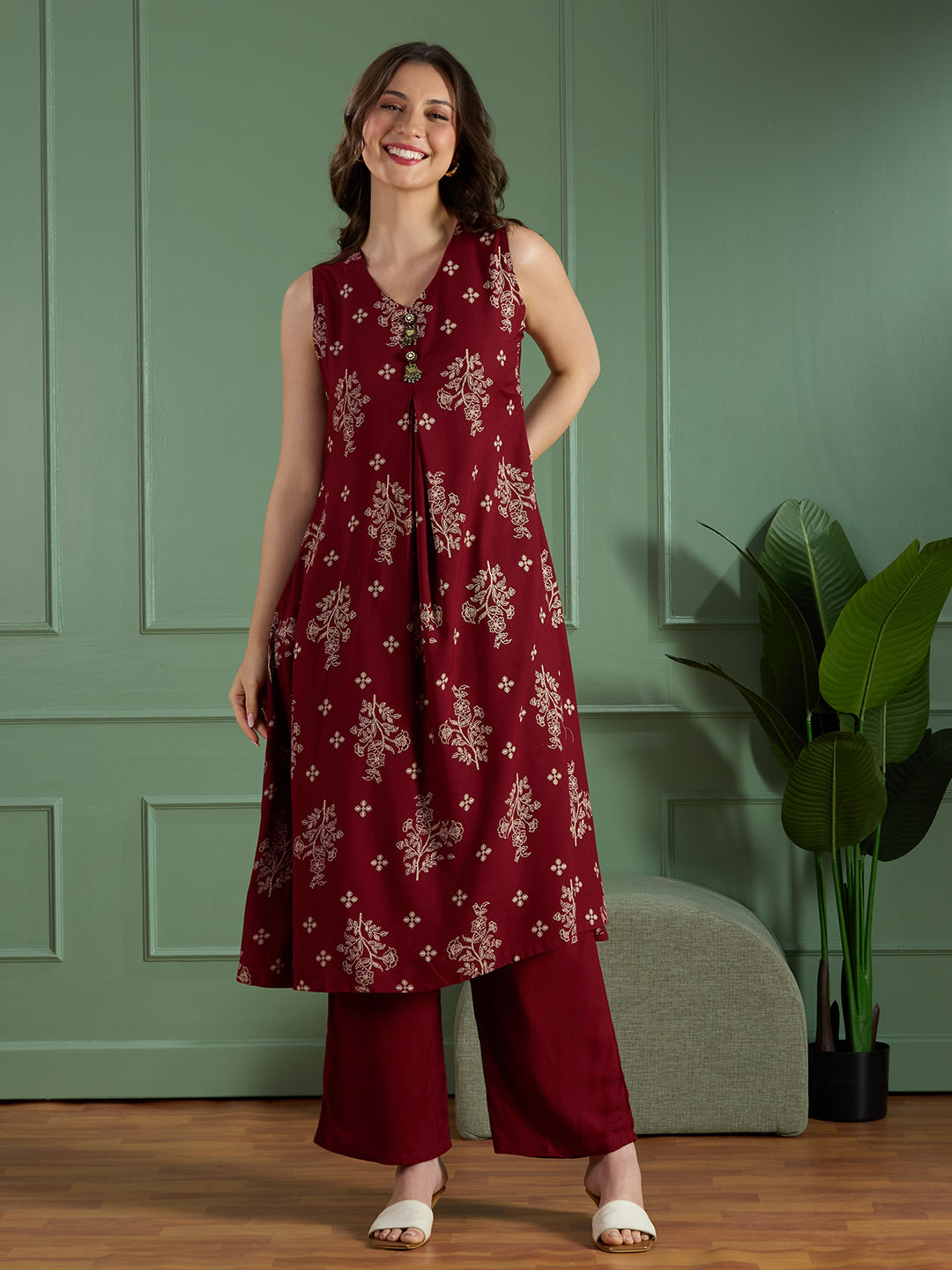 Floral Printed A-Line Flared Kurta with Palazzo - Maroon