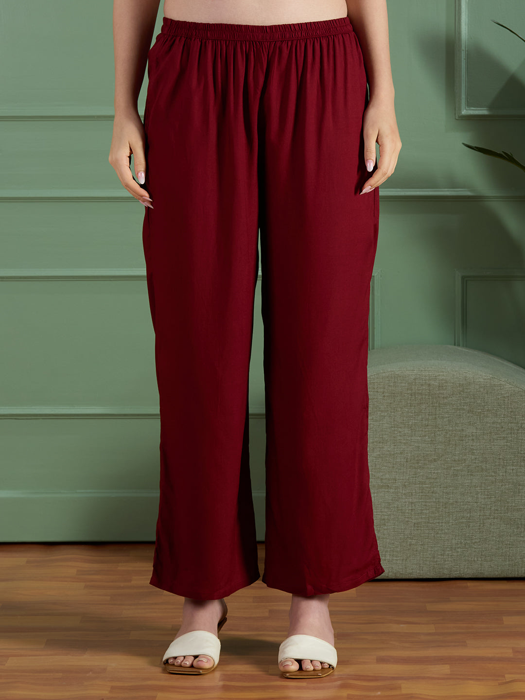 Floral Printed A-Line Flared Kurta with Palazzo - Maroon