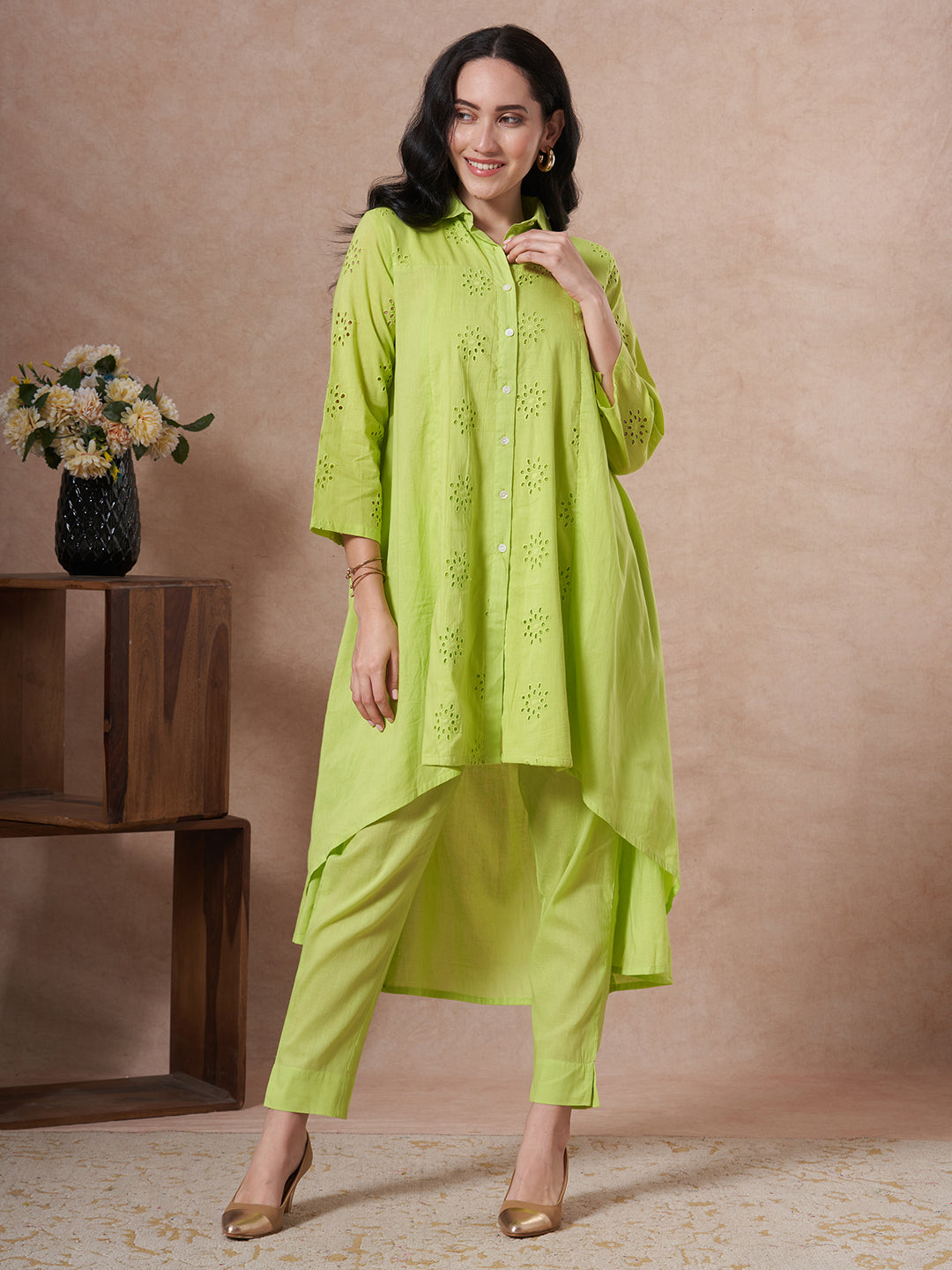 Solid Schiffli Embroidered A-Line High - Low Co-ord Set - Lime Green