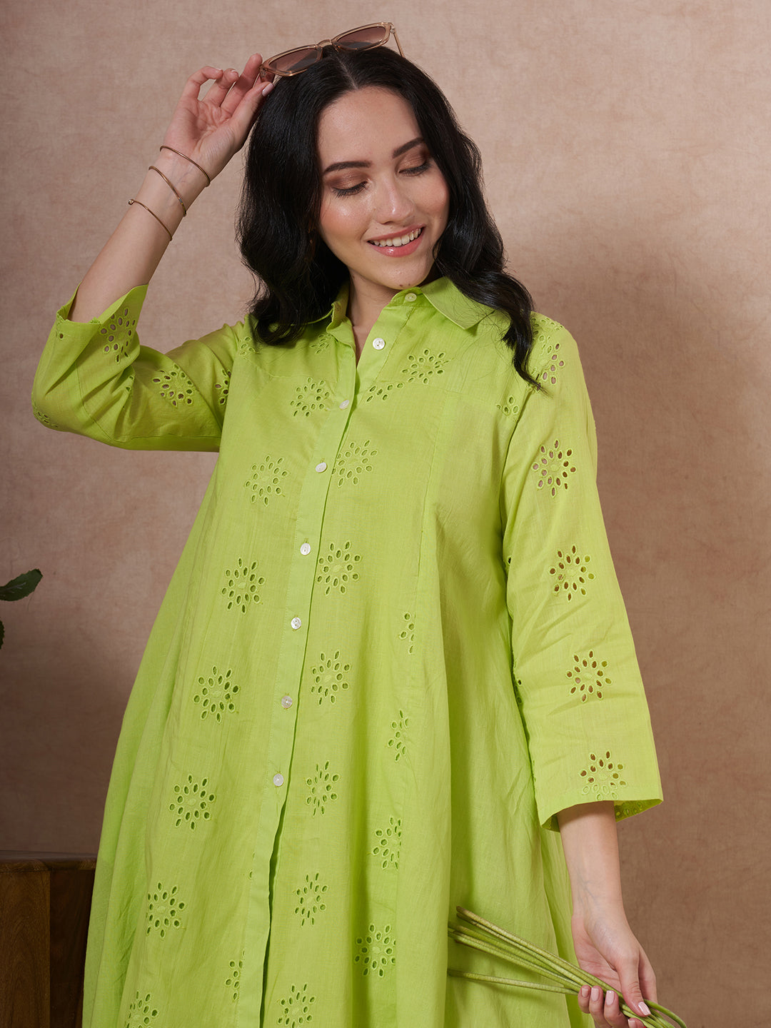 Solid Schiffli Embroidered A-Line High - Low Co-ord Set - Lime Green