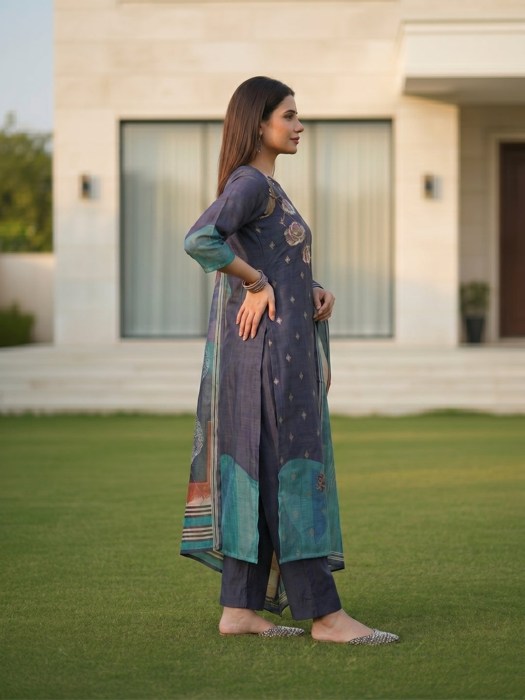 Abstract Floral Printed Embroidered Straight Fit Kurta with Pant and Dupatta - Blue