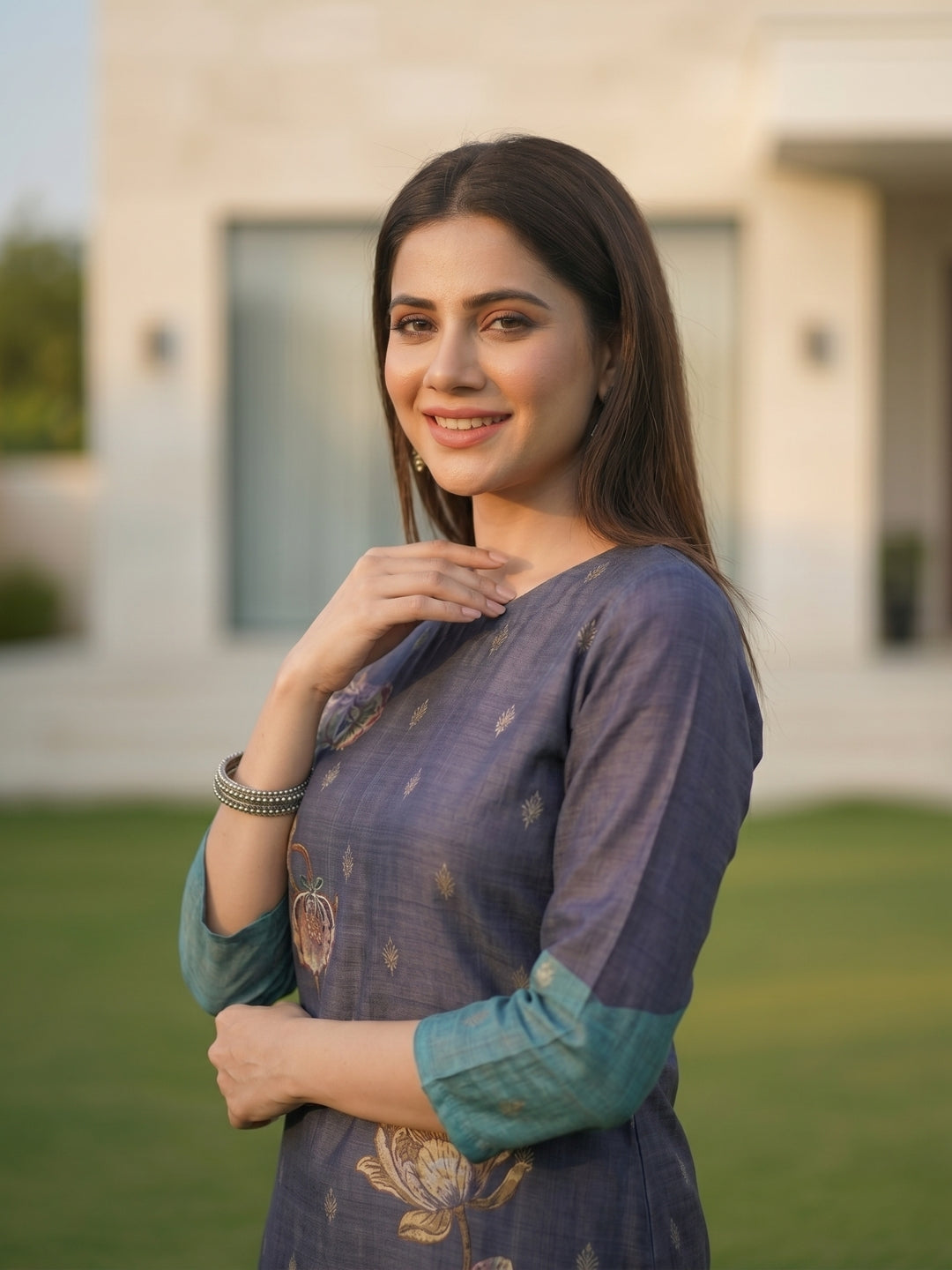 Abstract Floral Printed Embroidered Straight Fit Kurta with Pant and Dupatta - Blue
