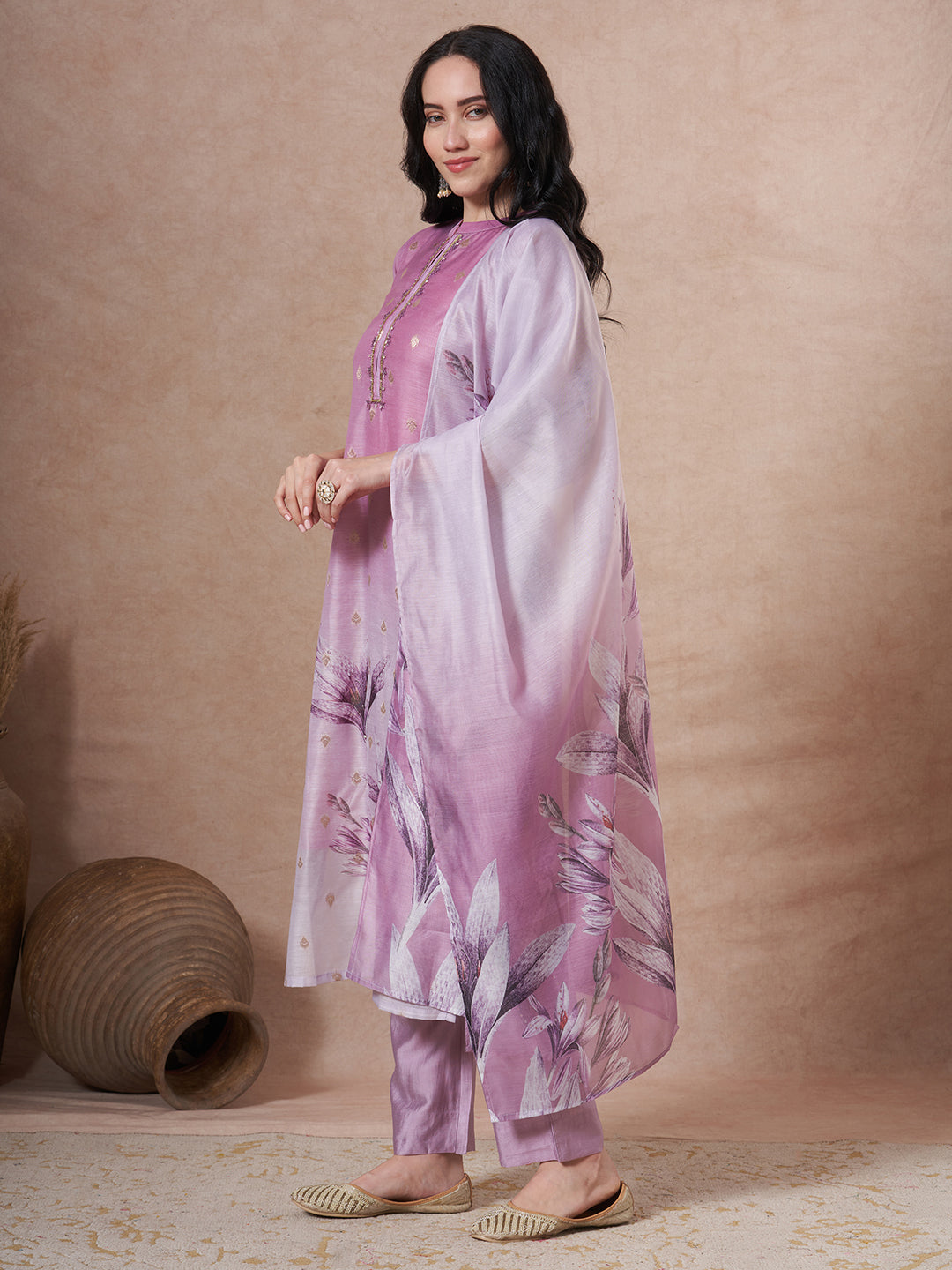 Floral Printed Embroidered Straight Fit Kurta with Pant and Dupatta - Mauve