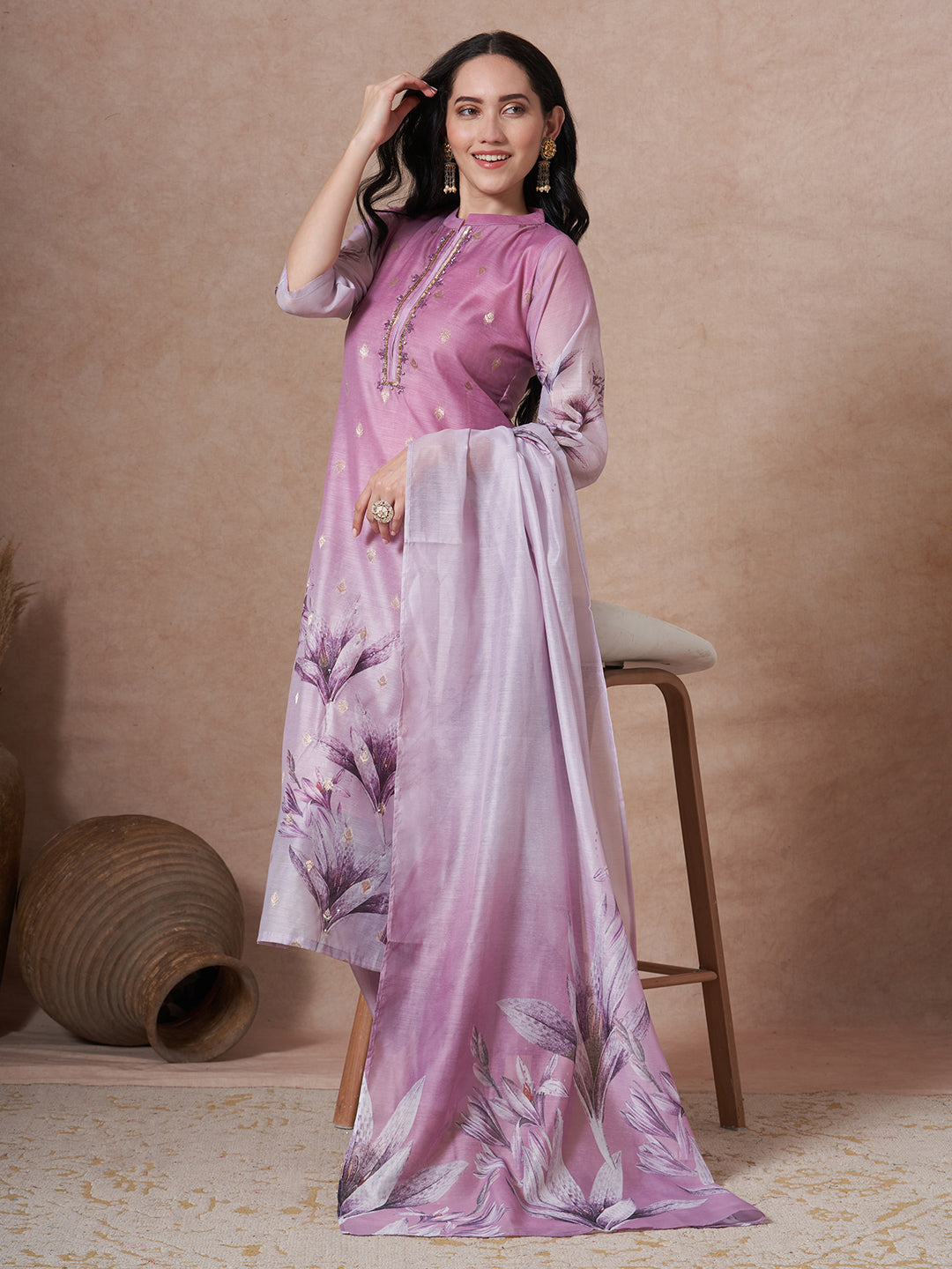 Floral Printed Embroidered Straight Fit Kurta with Pant and Dupatta - Mauve