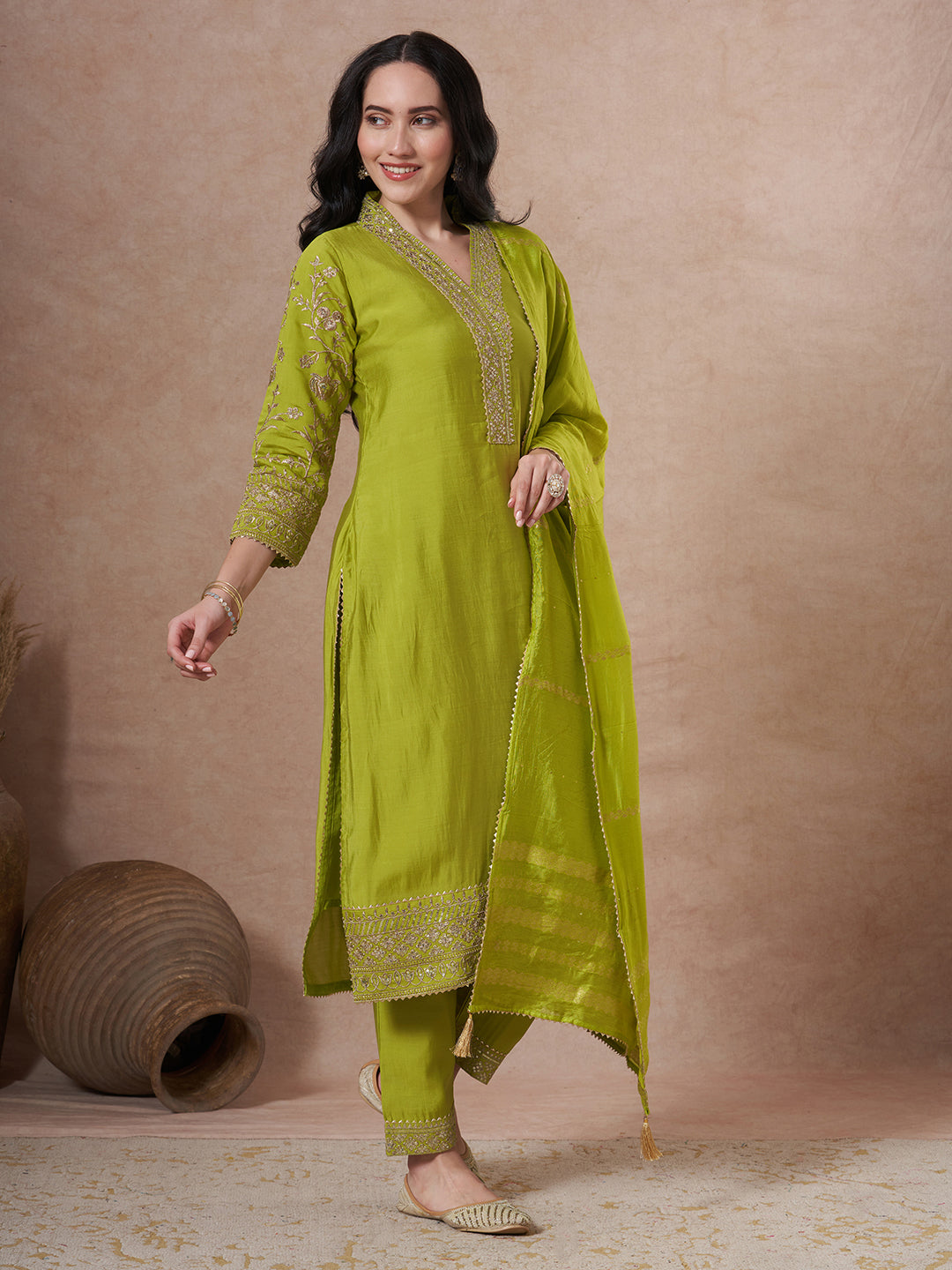 Solid Sequin & Zari Embroidered Straight Fit Kurta with Salwar and Dupatta - Lime Green