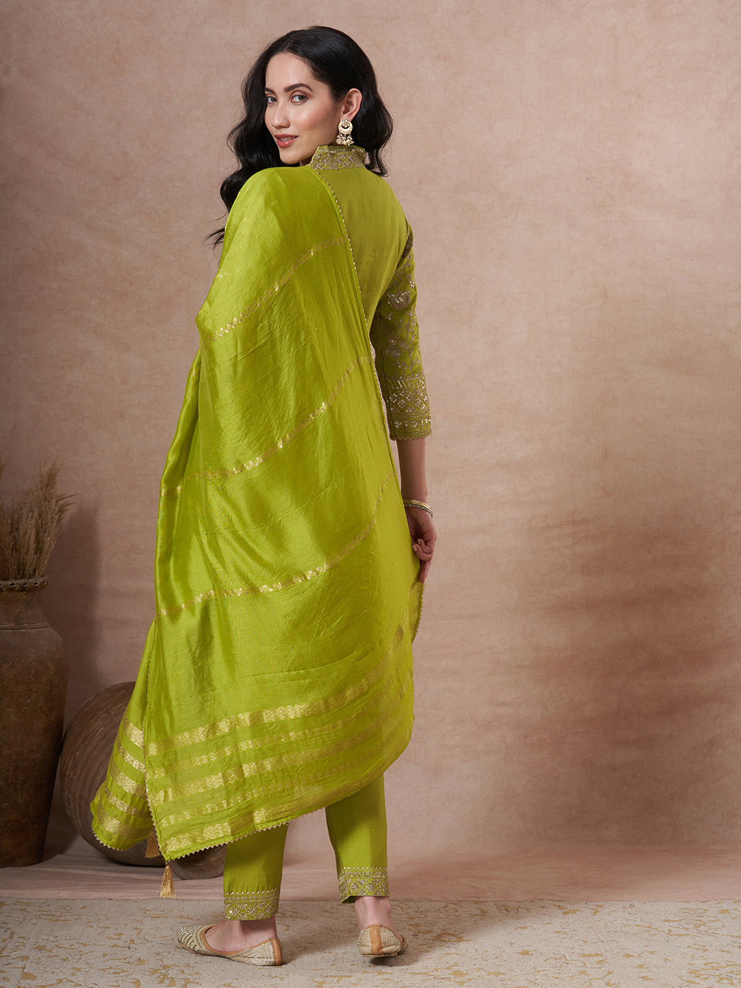 Solid Sequin & Zari Embroidered Straight Fit Kurta with Salwar and Dupatta - Lime Green